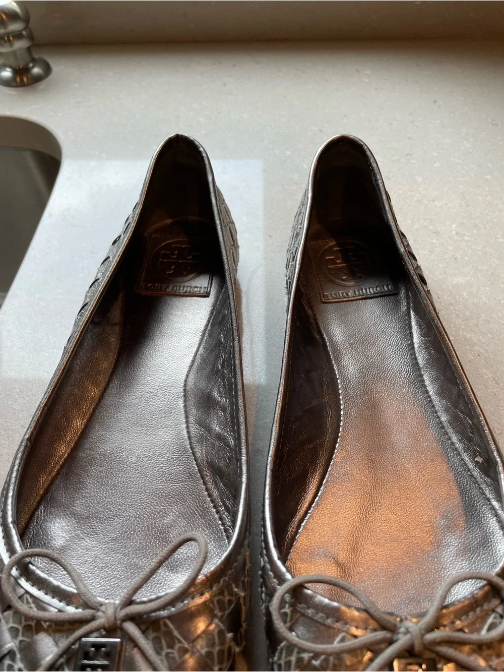 Tory Burch Silver Woven Leather Ballet Flats with Logo Charm